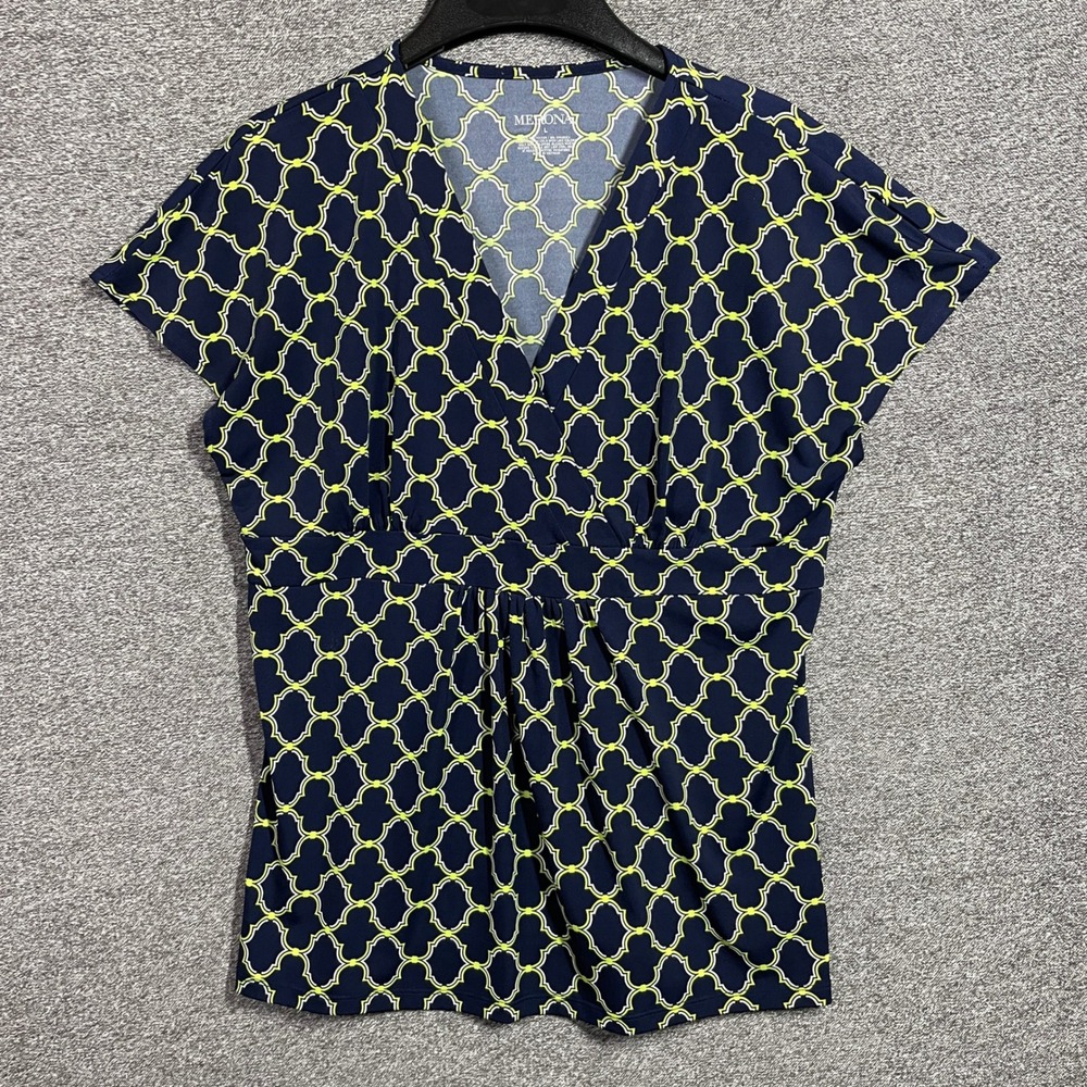 Merona Blouse Womens L Navy Blue Lime Green Geometric V-Neck Empire Waist